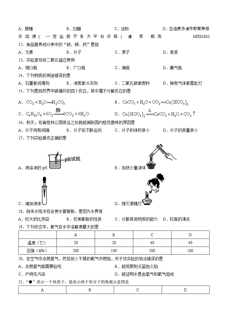 上海市徐汇区2023-2024学年九年级上学期一模化学试题02