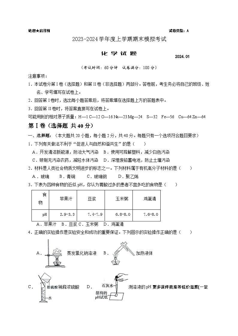 山东省泰安市东平县东原实验学校（五四制）2023-2024学年上学期九年级期末模拟考试化学试题(1)01