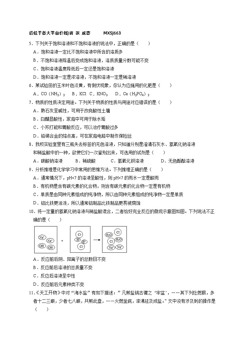 山东省泰安市东平县东原实验学校（五四制）2023-2024学年上学期九年级期末模拟考试化学试题(1)02
