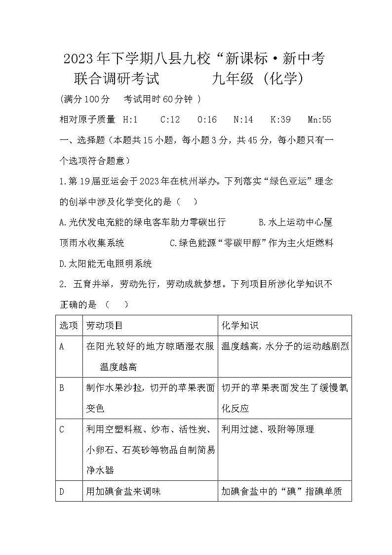湖南省怀化市八县九校联合调研2023-2024学年九年级上学期1月期末化学试题01