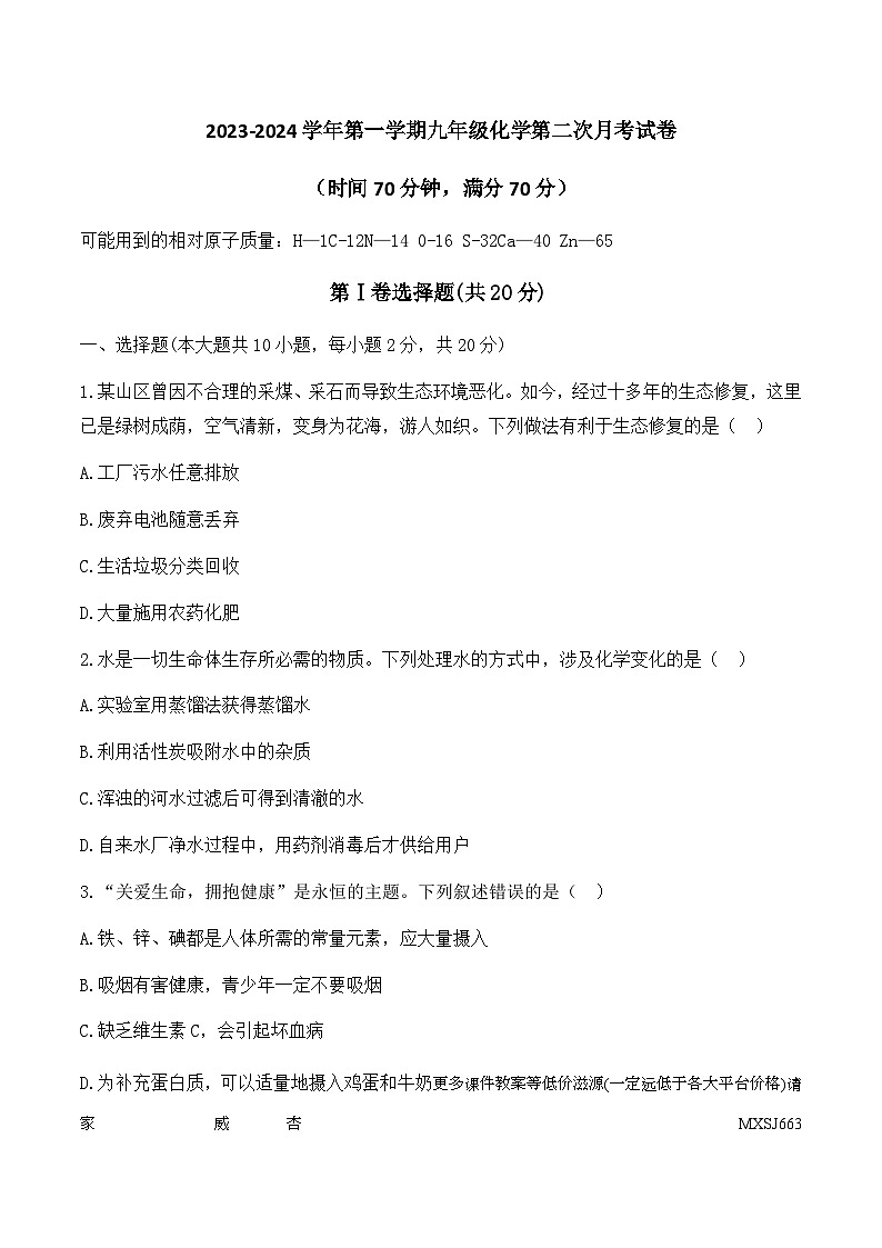 山西省大同市平城区两校联考2023-2024学年九年级上学期1月月考化学试题第1页