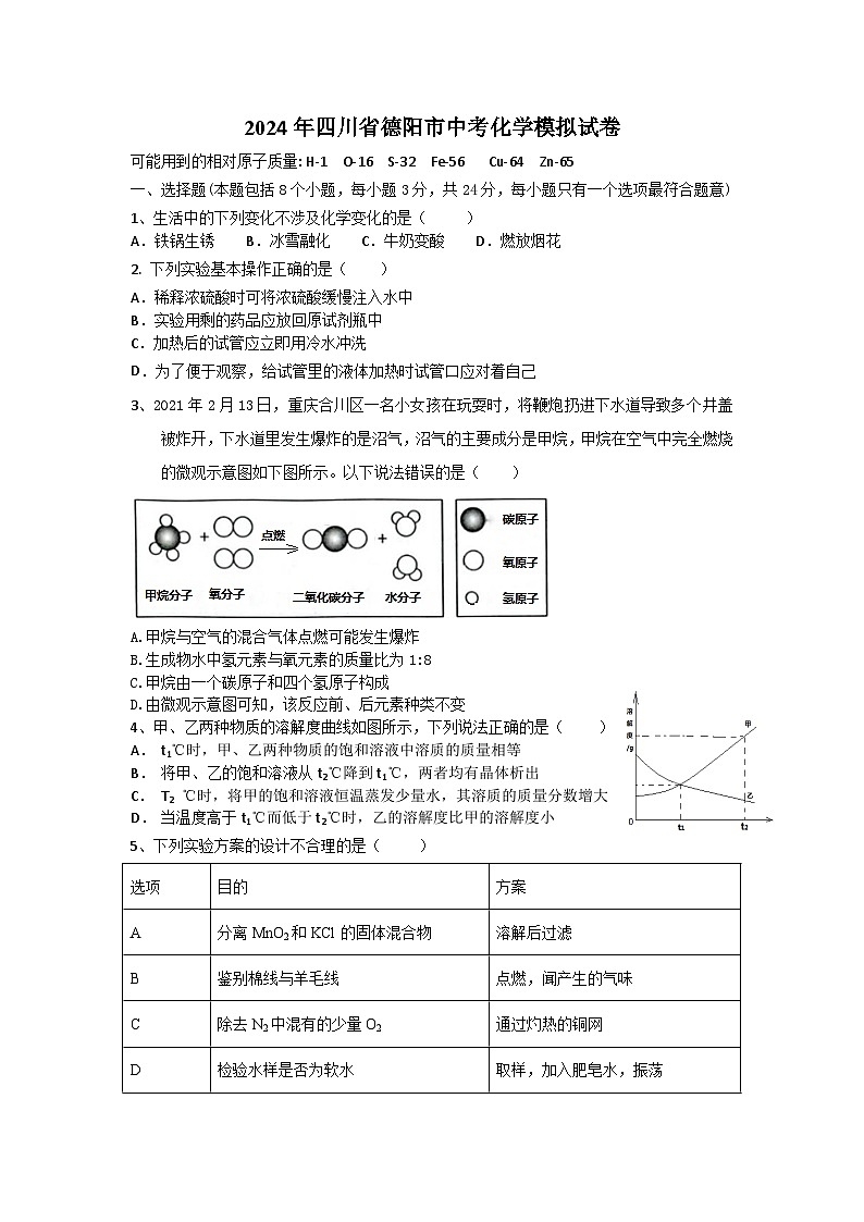 2024年四川省德阳市中考模拟化学试卷第1页