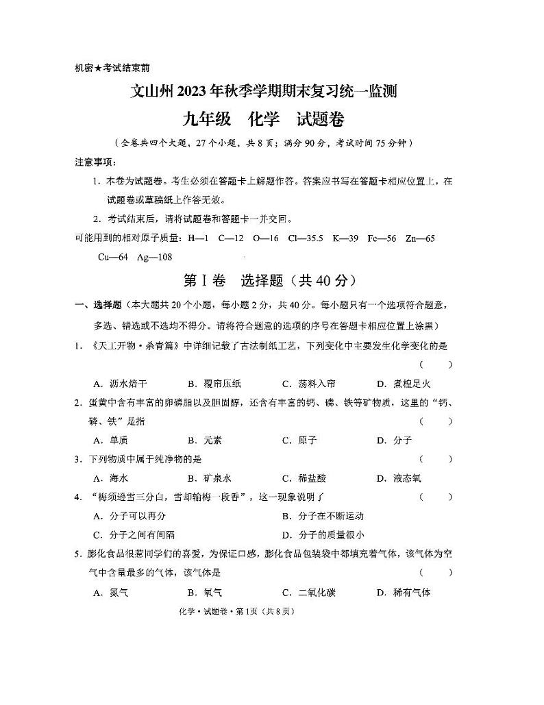 云南省文山壮族苗族自治州2023-2024学年九年级上学期1月期末化学试题01