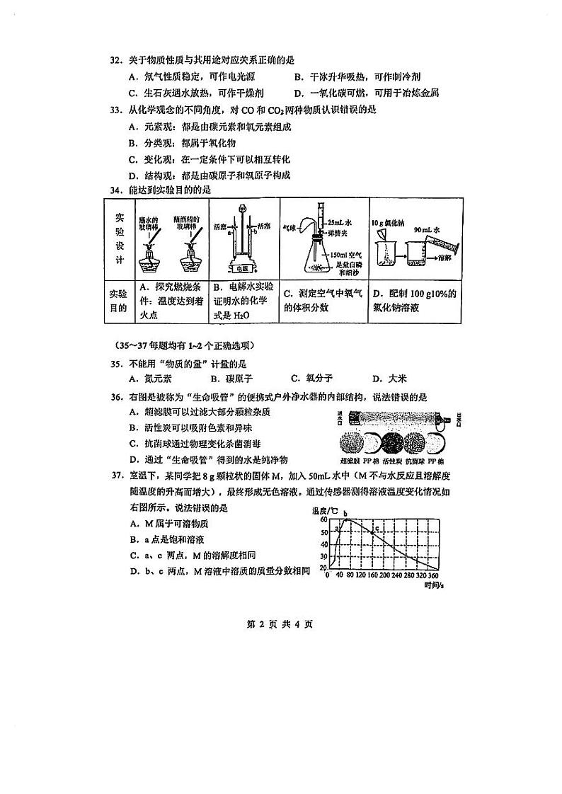 2024届上海市闵行区初三一模化学试卷（含答案）第2页