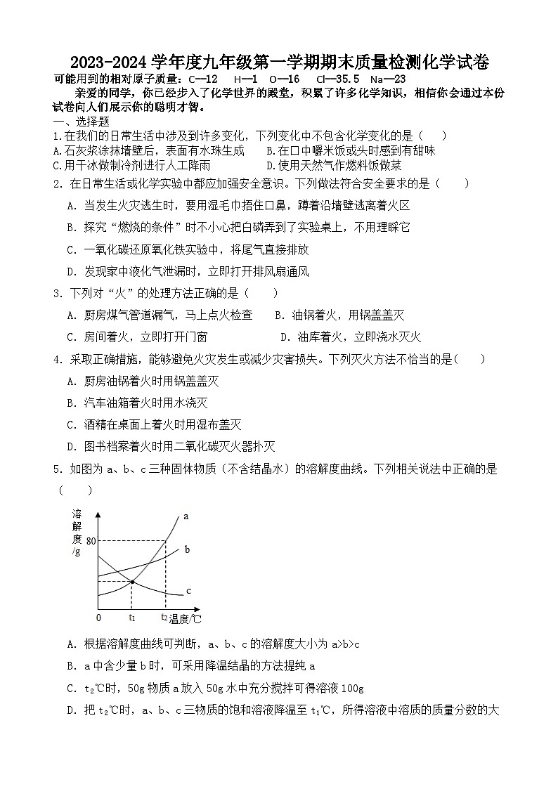 山东省枣庄市滕州市藤东中学2023-2024学年九年级上学期期末质量检测化学试卷01