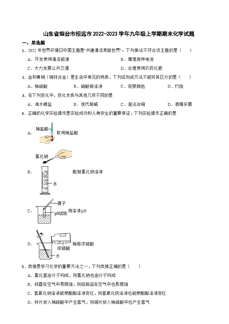 山东省烟台市招远市2023年九年级上学期期末化学试题附答案01