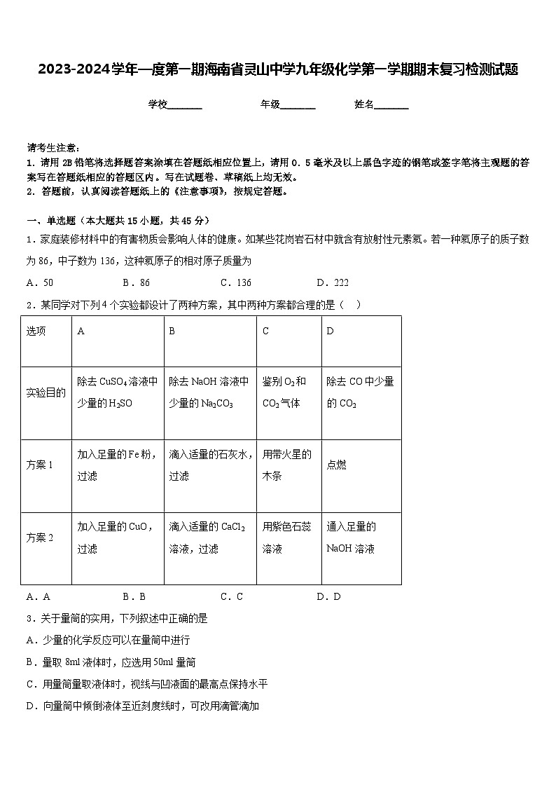 2023-2024学年—度第一期海南省灵山中学九年级化学第一学期期末复习检测试题含答案第1页