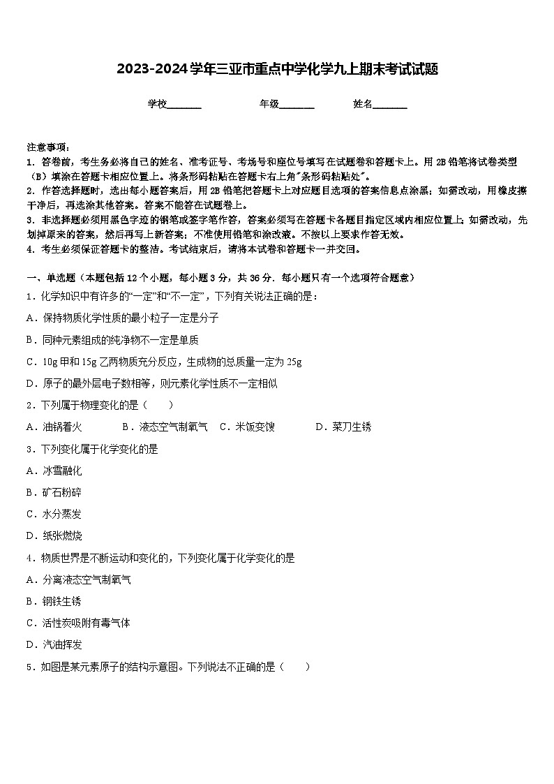 2023-2024学年三亚市重点中学化学九上期末考试试题含答案01
