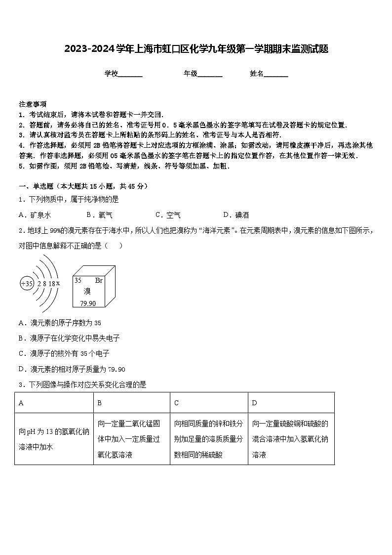 2023-2024学年上海市虹口区化学九年级第一学期期末监测试题含答案第1页