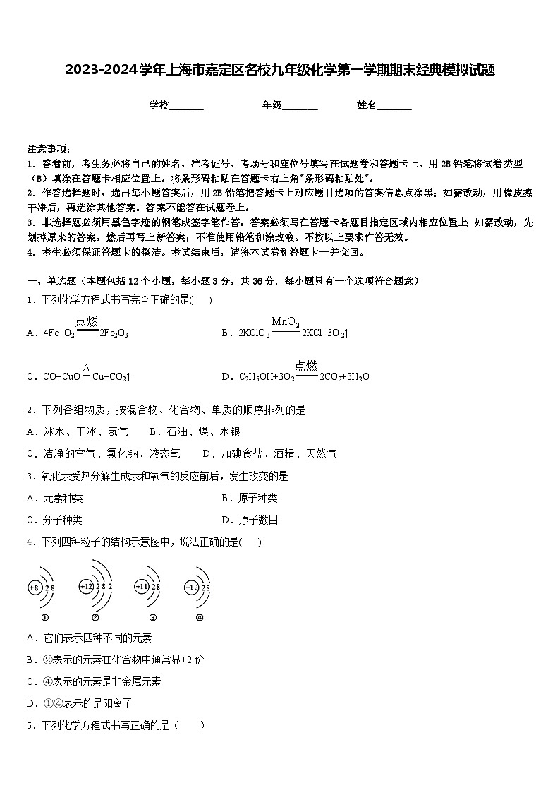 2023-2024学年上海市嘉定区名校九年级化学第一学期期末经典模拟试题含答案第1页