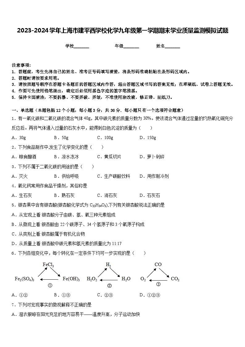 2023-2024学年上海市建平西学校化学九年级第一学期期末学业质量监测模拟试题含答案01