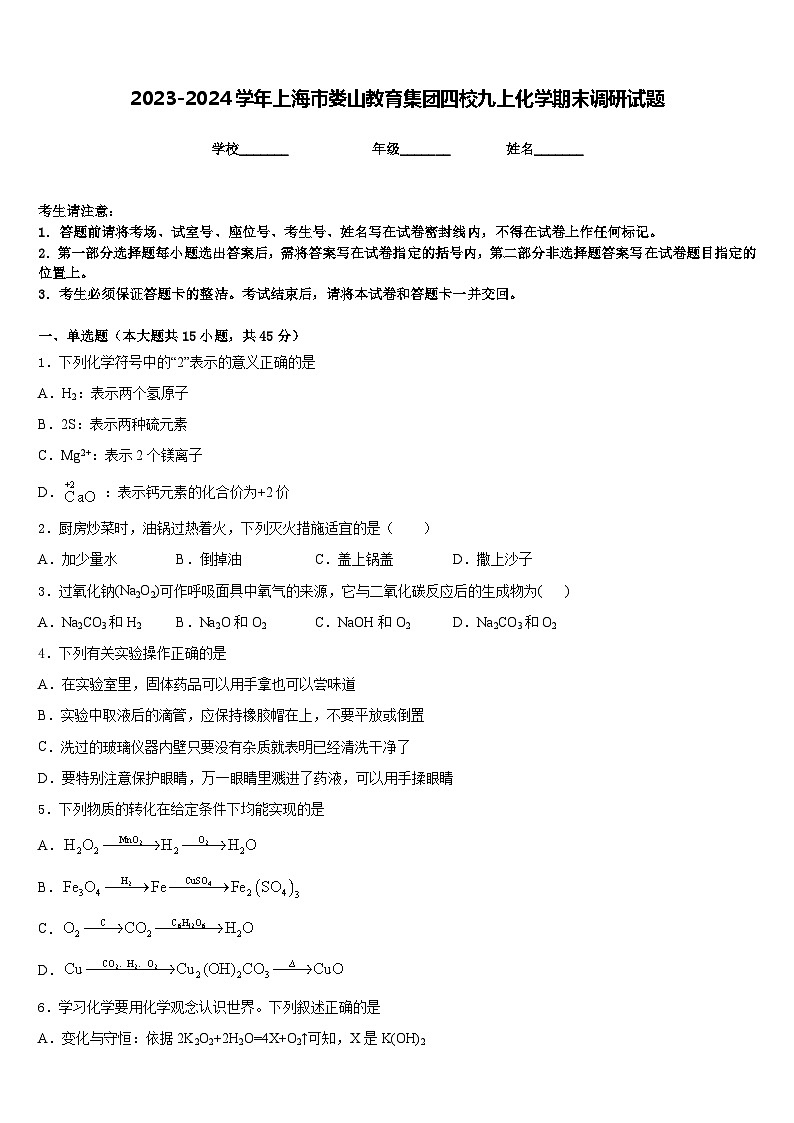 2023-2024学年上海市娄山教育集团四校九上化学期末调研试题含答案01