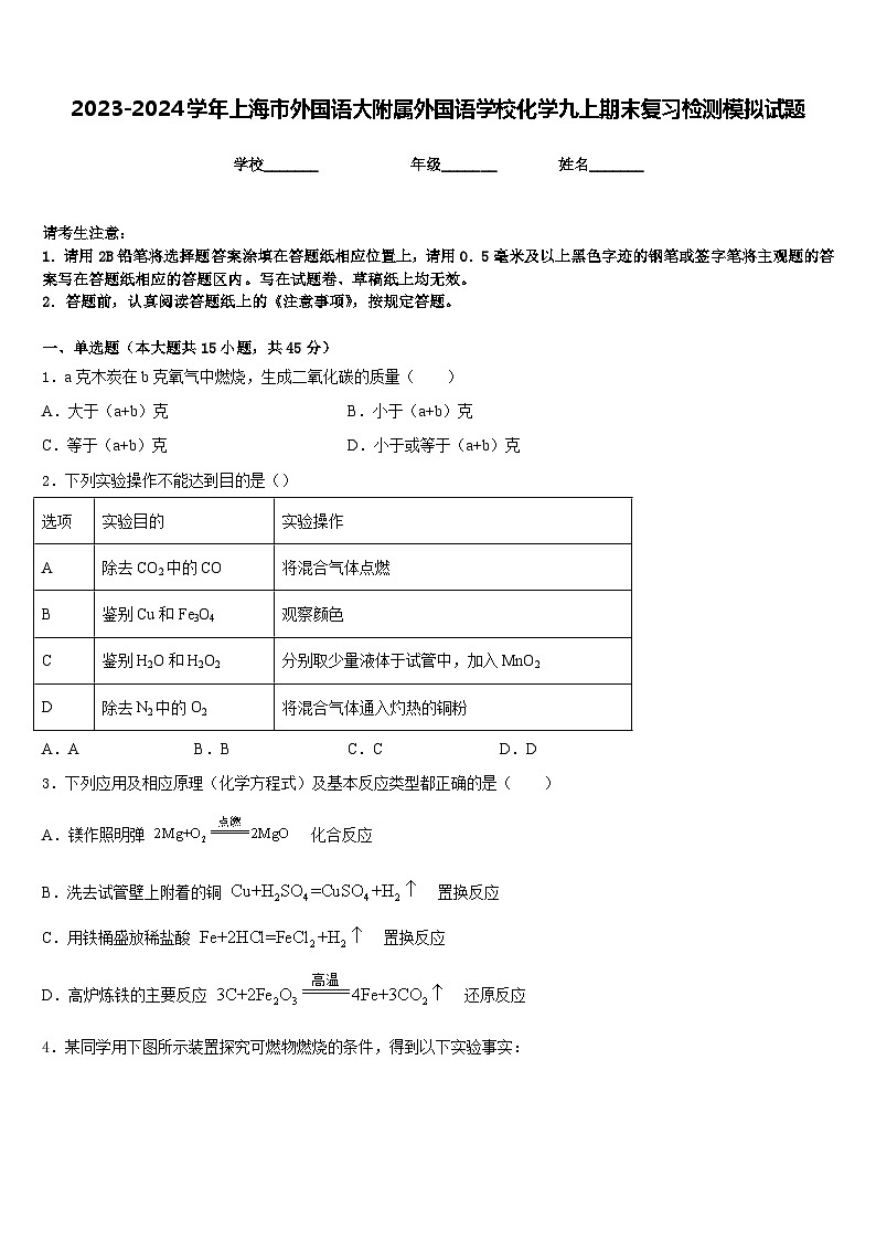 2023-2024学年上海市外国语大附属外国语学校化学九上期末复习检测模拟试题含答案第1页