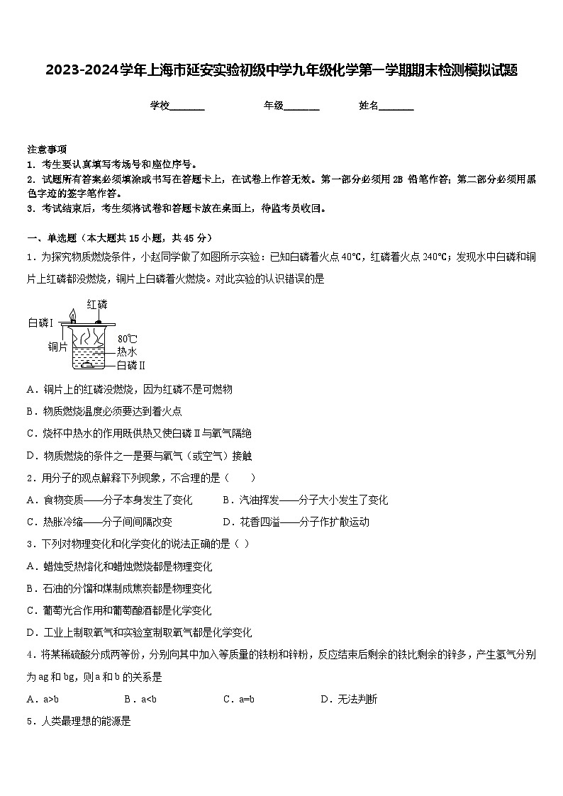 2023-2024学年上海市延安实验初级中学九年级化学第一学期期末检测模拟试题含答案01