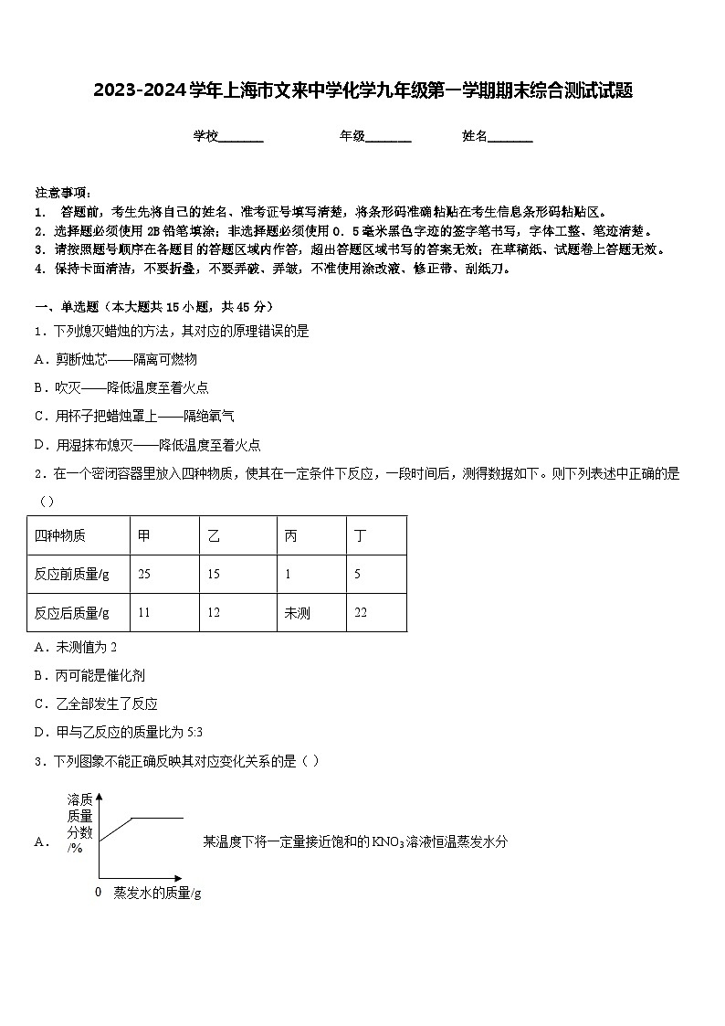 2023-2024学年上海市文来中学化学九年级第一学期期末综合测试试题含答案第1页