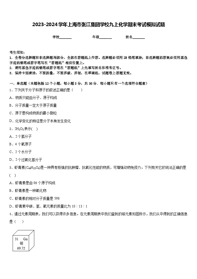 2023-2024学年上海市张江集团学校九上化学期末考试模拟试题含答案第1页
