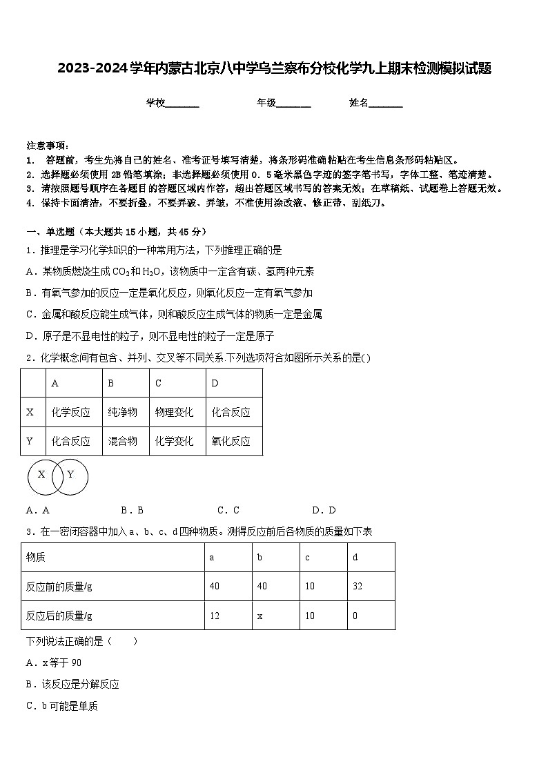 2023-2024学年内蒙古北京八中学乌兰察布分校化学九上期末检测模拟试题含答案第1页