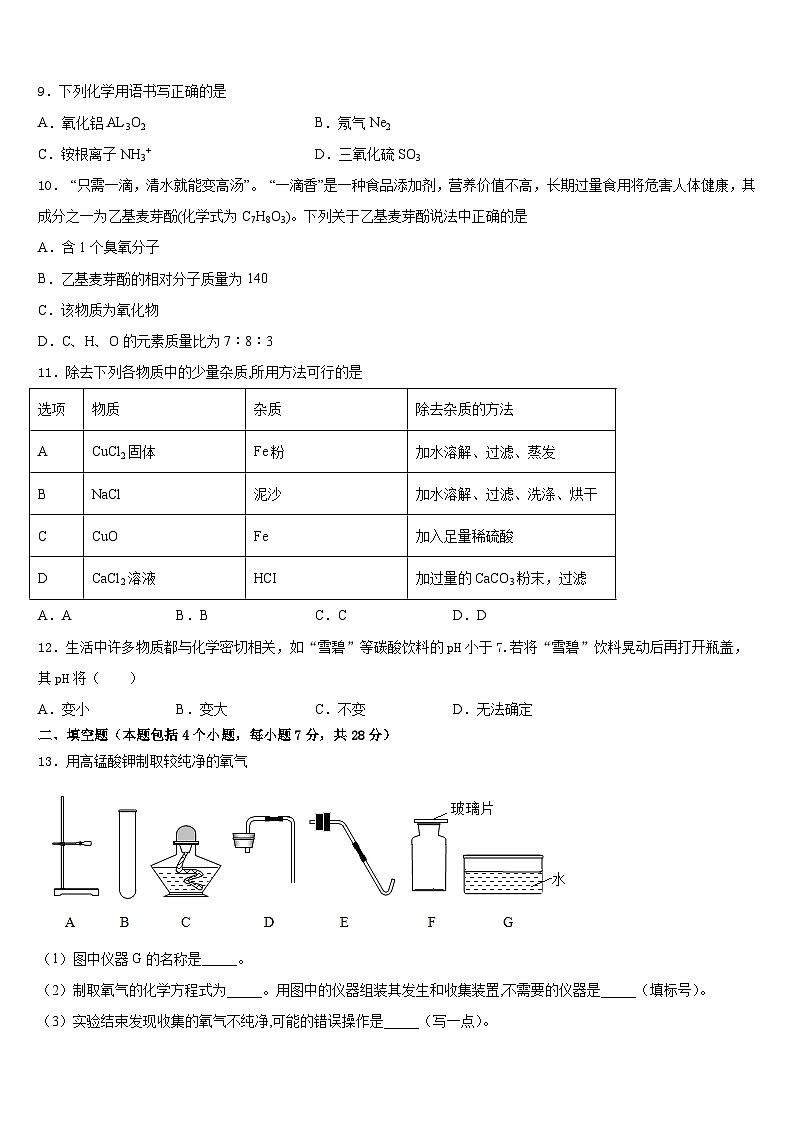 2023-2024学年内蒙古扎兰屯市民族中学化学九年级第一学期期末统考模拟试题含答案03