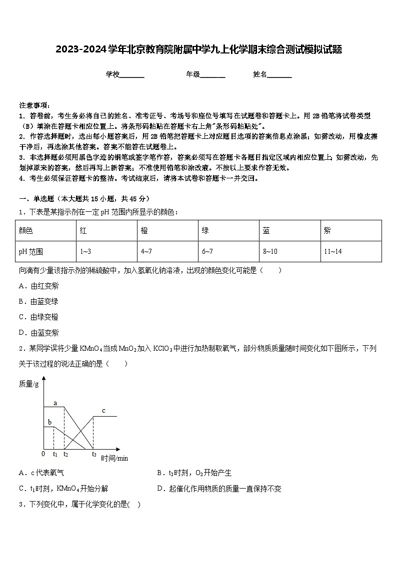 2023-2024学年北京教育院附属中学九上化学期末综合测试模拟试题含答案01