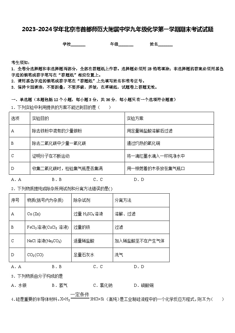2023-2024学年北京市首都师范大附属中学九年级化学第一学期期末考试试题含答案01