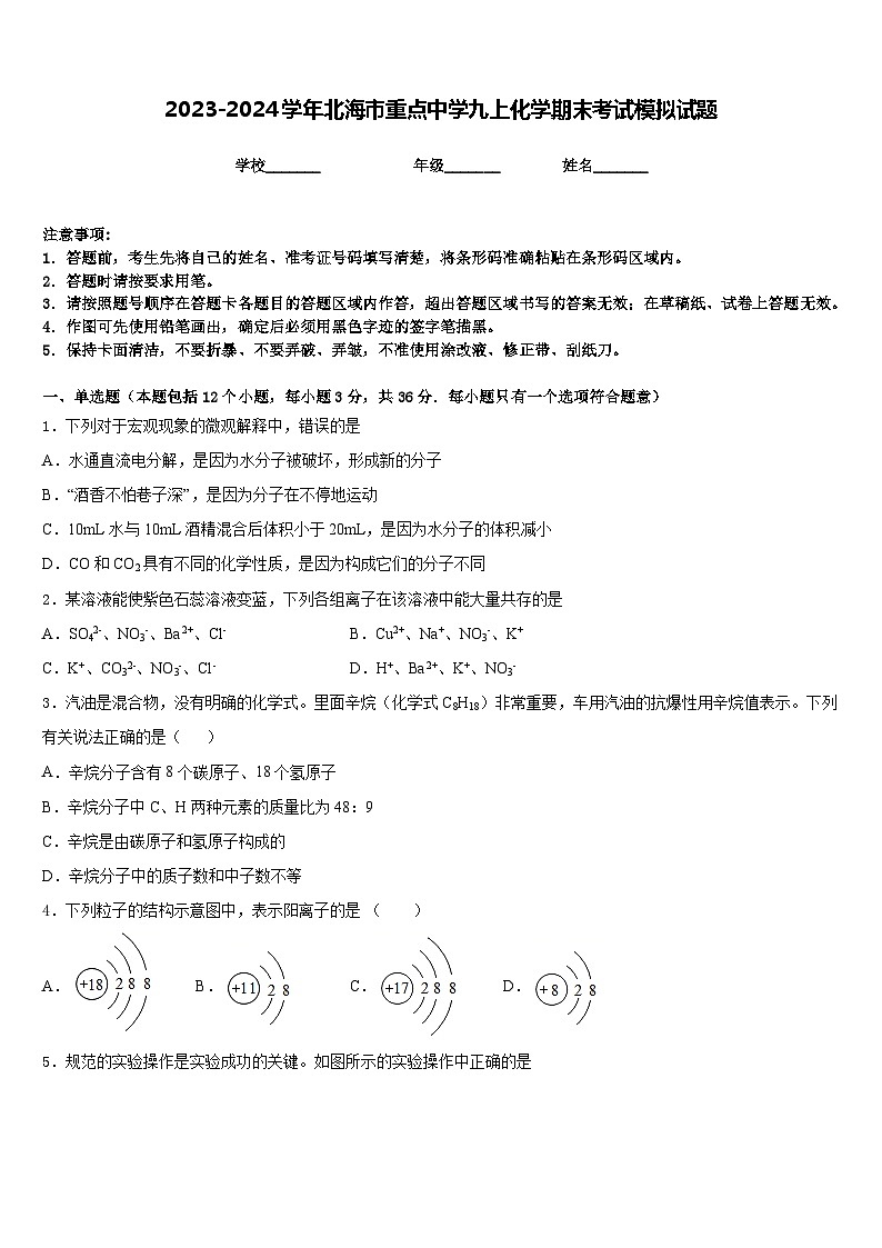 2023-2024学年北海市重点中学九上化学期末考试模拟试题含答案第1页