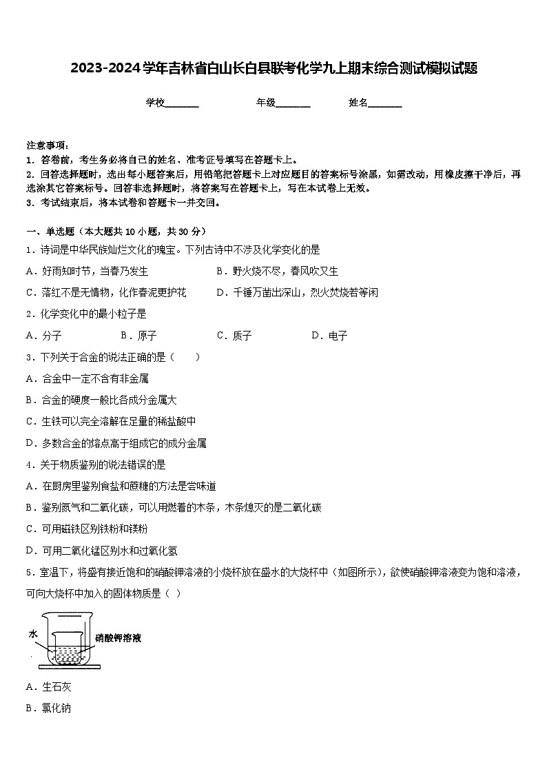 2023-2024学年吉林省白山长白县联考化学九上期末综合测试模拟试题含答案01