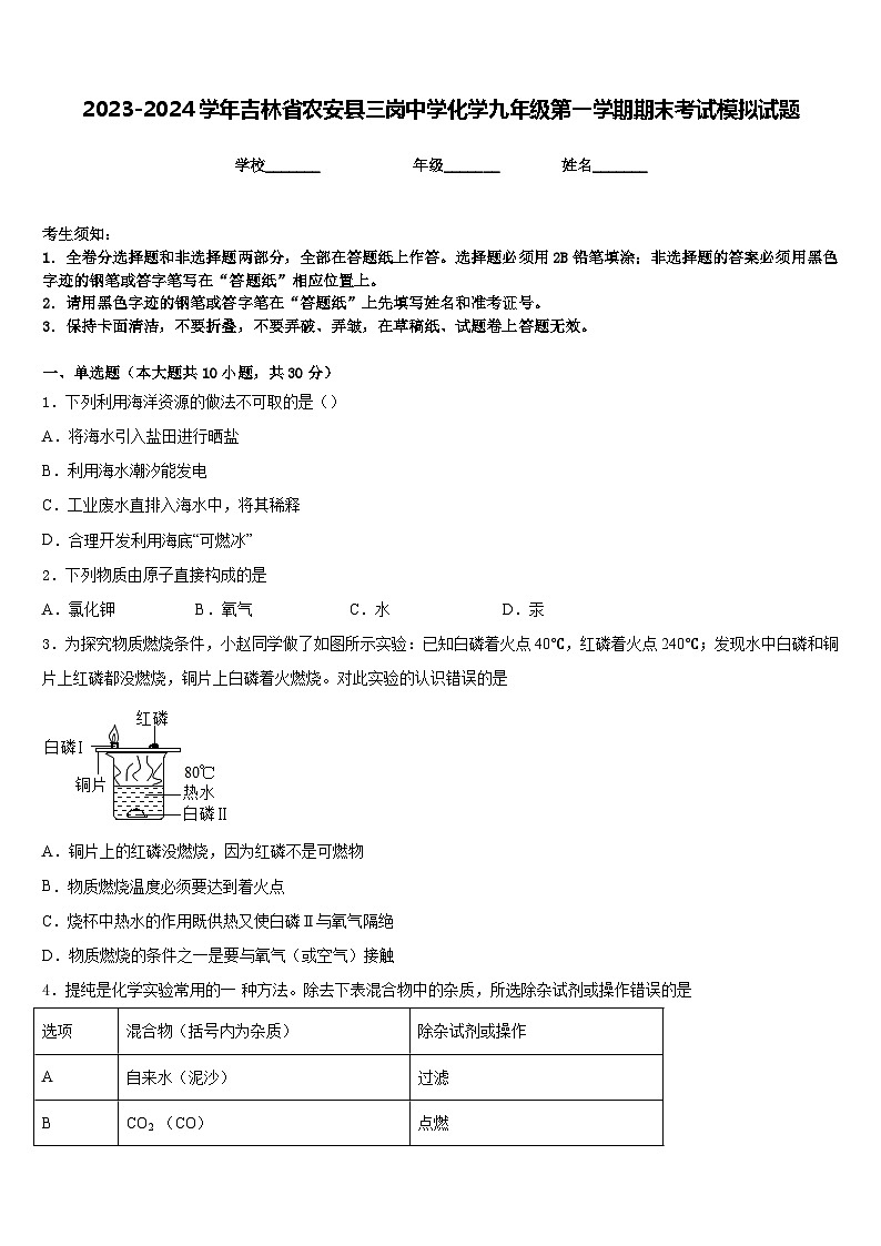 2023-2024学年吉林省农安县三岗中学化学九年级第一学期期末考试模拟试题含答案第1页