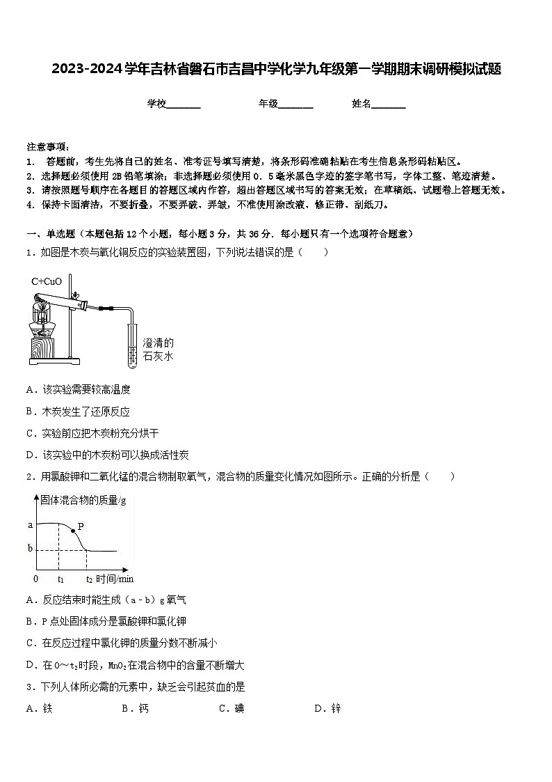 2023-2024学年吉林省磐石市吉昌中学化学九年级第一学期期末调研模拟试题含答案01