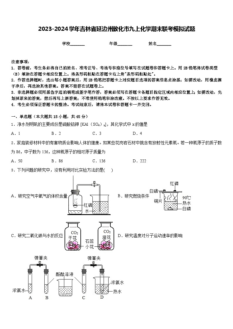 2023-2024学年吉林省延边州敦化市九上化学期末联考模拟试题含答案第1页