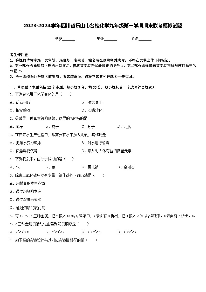 2023-2024学年四川省乐山市名校化学九年级第一学期期末联考模拟试题含答案第1页