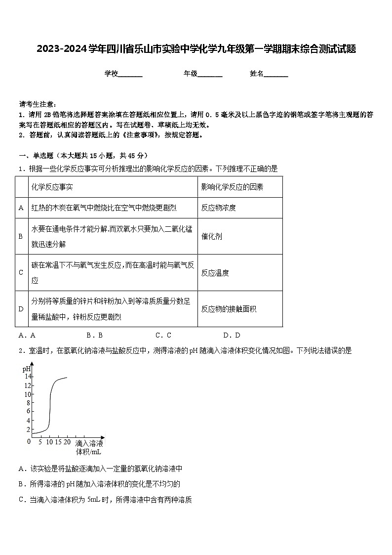 2023-2024学年四川省乐山市实验中学化学九年级第一学期期末综合测试试题含答案01