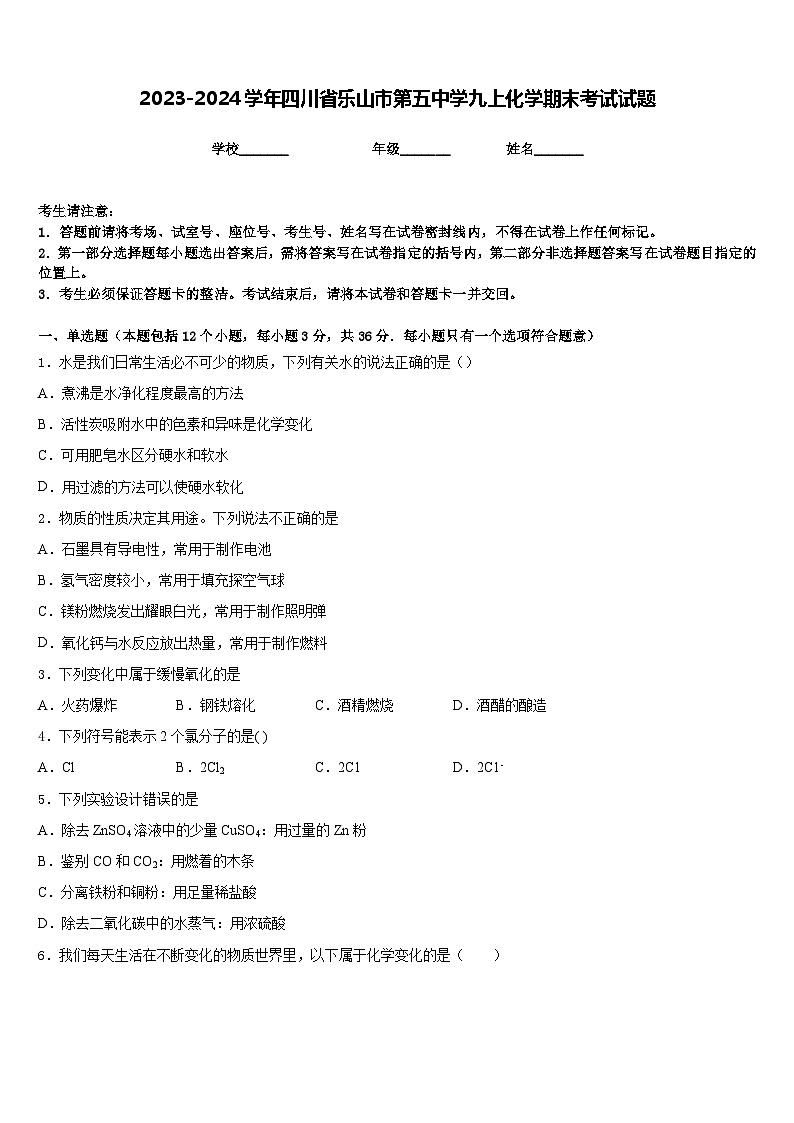 2023-2024学年四川省乐山市第五中学九上化学期末考试试题含答案第1页