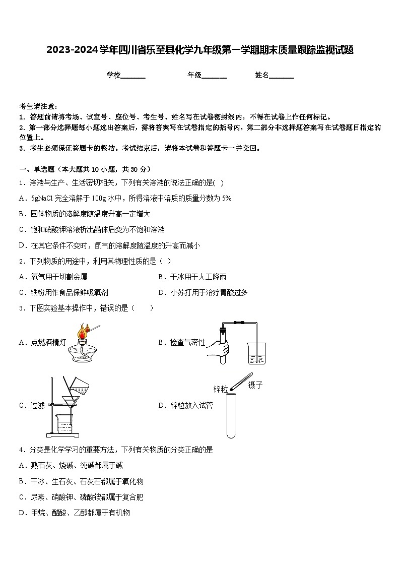 2023-2024学年四川省乐至县化学九年级第一学期期末质量跟踪监视试题含答案01