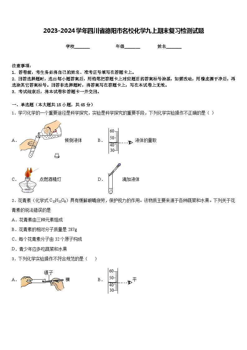 2023-2024学年四川省德阳市名校化学九上期末复习检测试题含答案01