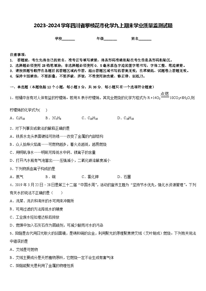 2023-2024学年四川省攀枝花市化学九上期末学业质量监测试题含答案第1页
