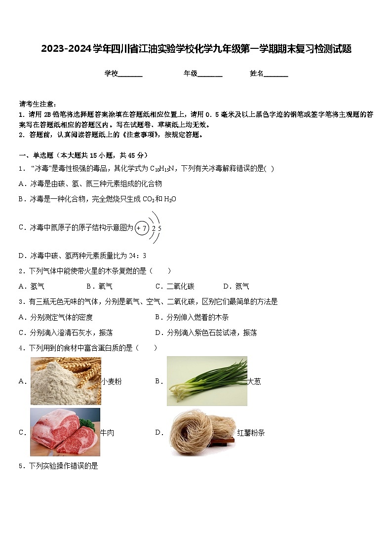 2023-2024学年四川省江油实验学校化学九年级第一学期期末复习检测试题含答案01