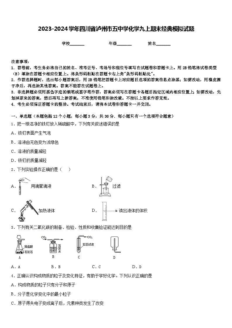 2023-2024学年四川省泸州市五中学化学九上期末经典模拟试题含答案第1页