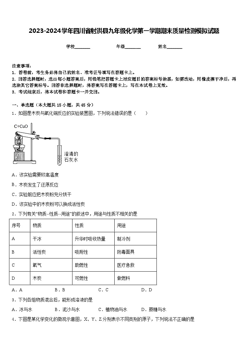 2023-2024学年四川省射洪县九年级化学第一学期期末质量检测模拟试题含答案第1页