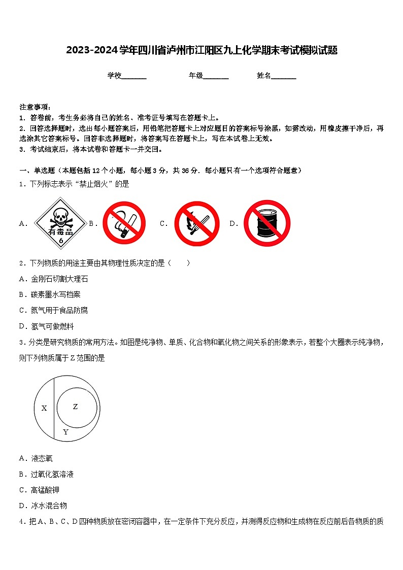 2023-2024学年四川省泸州市江阳区九上化学期末考试模拟试题含答案第1页
