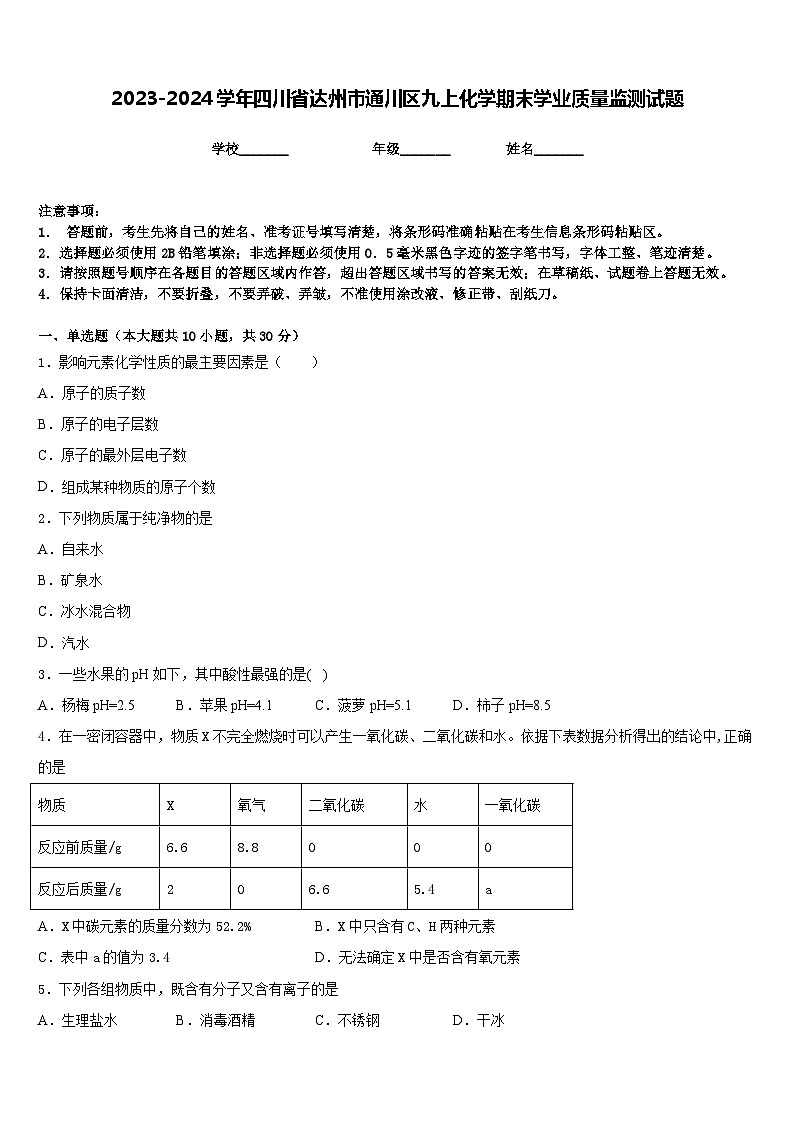 2023-2024学年四川省达州市通川区九上化学期末学业质量监测试题含答案01