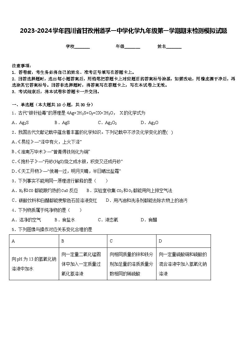 2023-2024学年四川省甘孜州道孚一中学化学九年级第一学期期末检测模拟试题含答案第1页