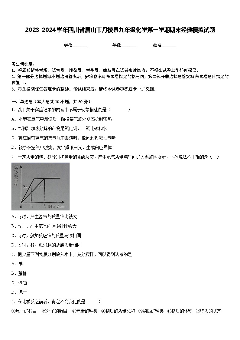 2023-2024学年四川省眉山市丹棱县九年级化学第一学期期末经典模拟试题含答案第1页