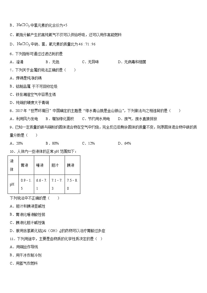 2023-2024学年四川省绵阳市绵阳外国语学校九上化学期末综合测试试题含答案第2页