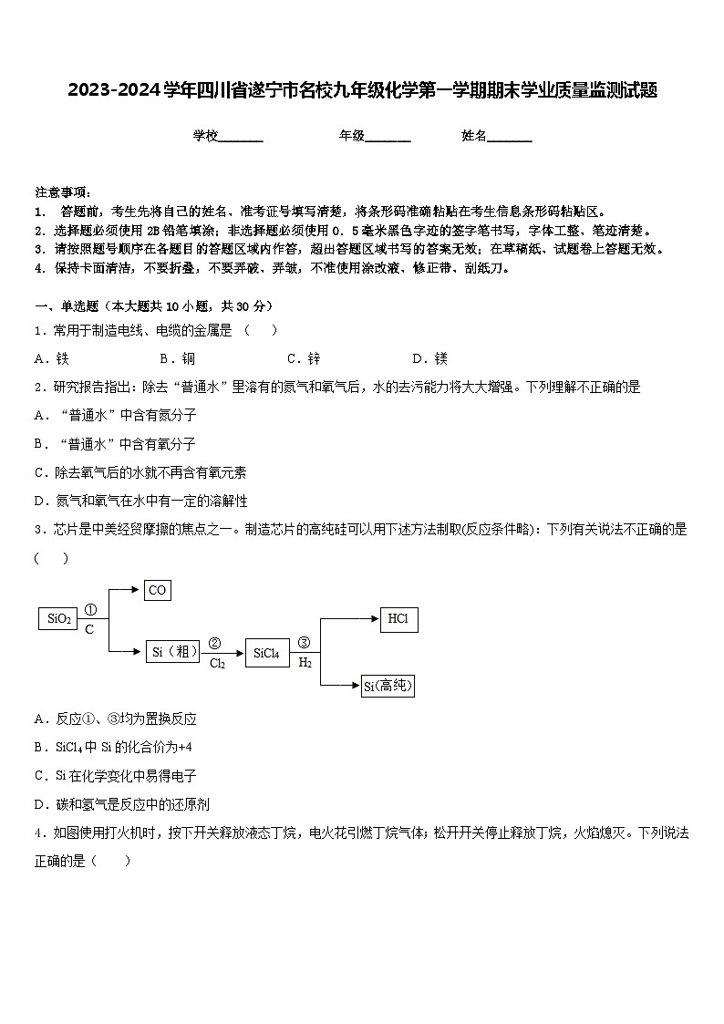 2023-2024学年四川省遂宁市名校九年级化学第一学期期末学业质量监测试题含答案第1页