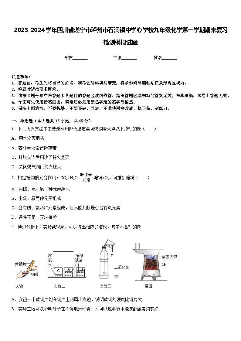 2023-2024学年四川省遂宁市泸州市石洞镇中学心学校九年级化学第一学期期末复习检测模拟试题含答案第1页