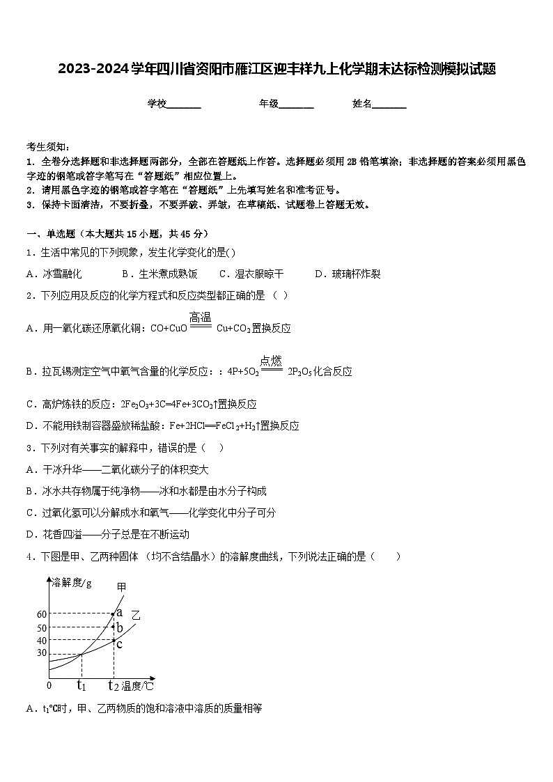2023-2024学年四川省资阳市雁江区迎丰祥九上化学期末达标检测模拟试题含答案第1页