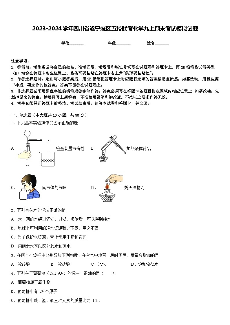 2023-2024学年四川省遂宁城区五校联考化学九上期末考试模拟试题含答案第1页