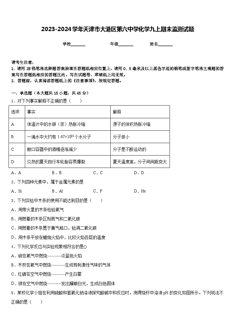 2023-2024学年天津市大港区第六中学化学九上期末监测试题含答案第1页