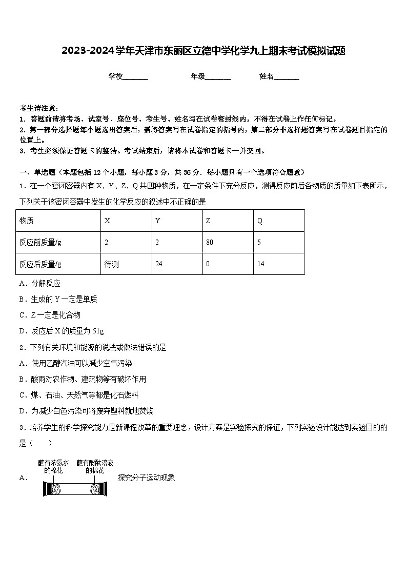 2023-2024学年天津市东丽区立德中学化学九上期末考试模拟试题含答案01
