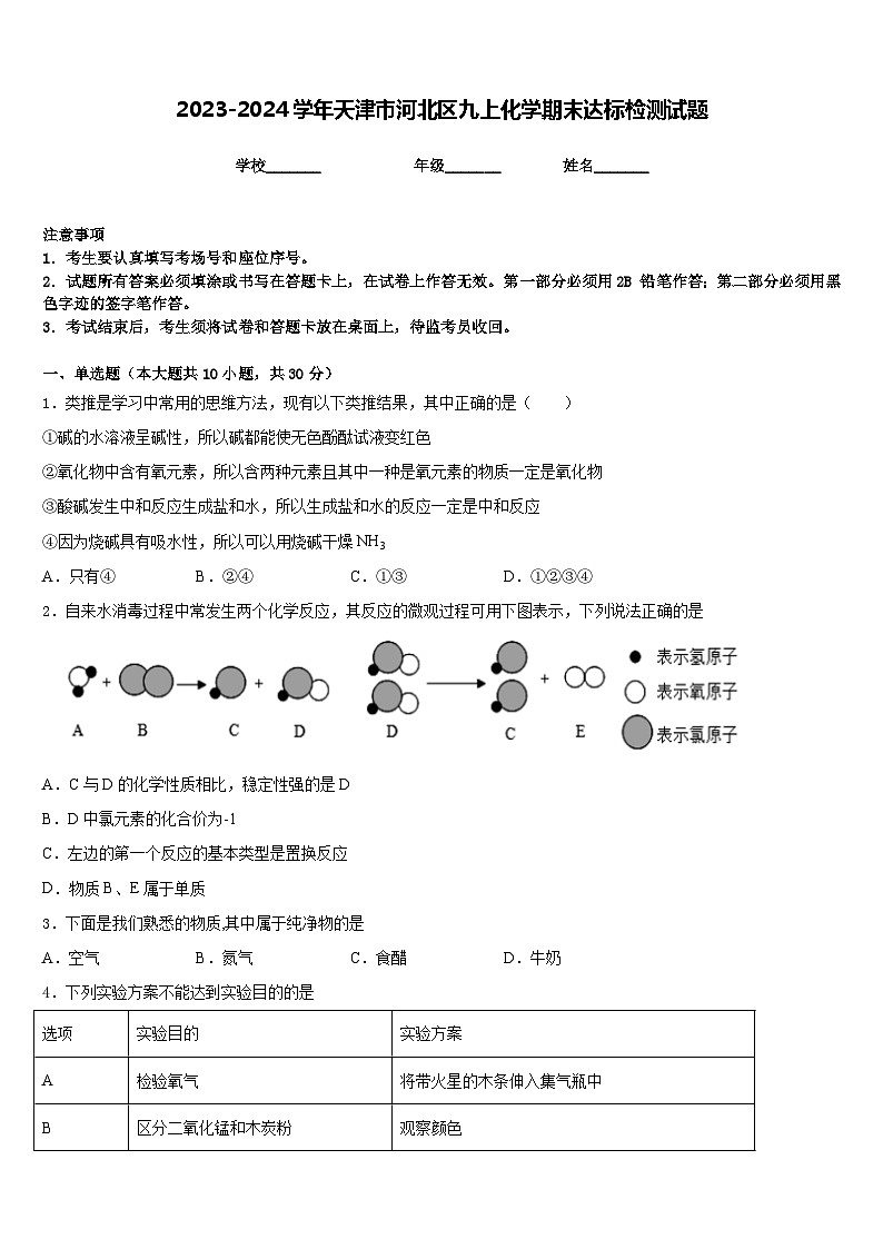 2023-2024学年天津市河北区九上化学期末达标检测试题含答案01